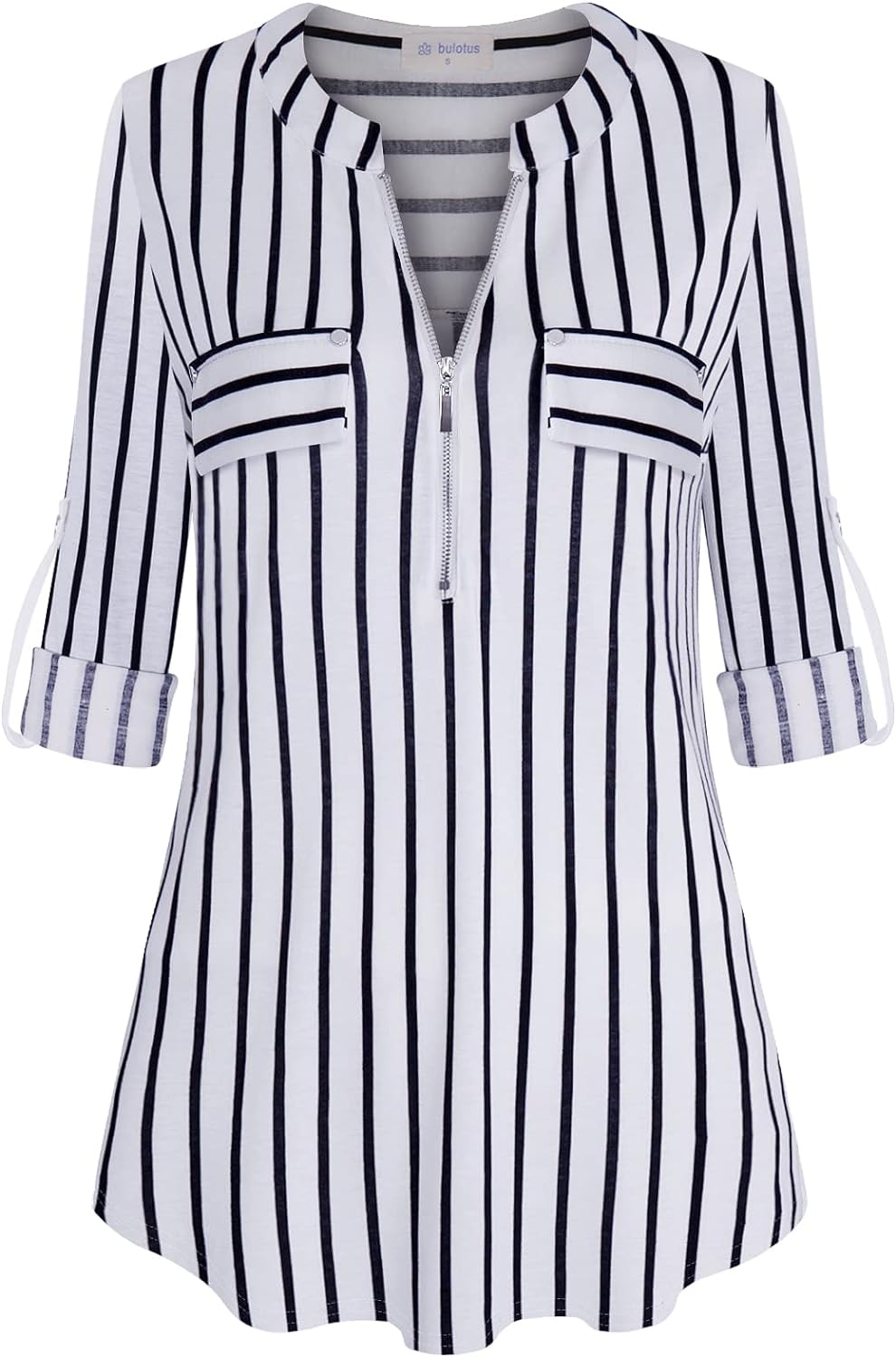 Bulotus Women's Zip Front V-Neck 3/4 Sleeve Tunic Casual Top Stripe XX-Large