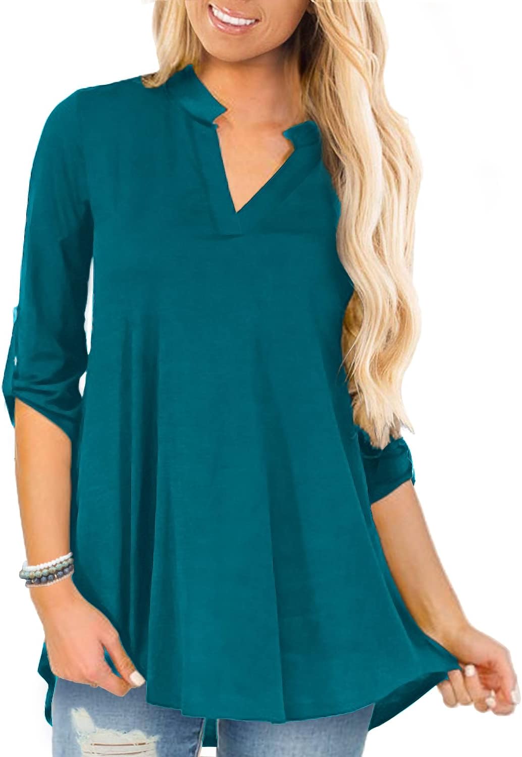 a.Jesdani Women's Plus Size Tops 3/4 Roll Sleeve Shirts V Neck Blouses Tunic Top...