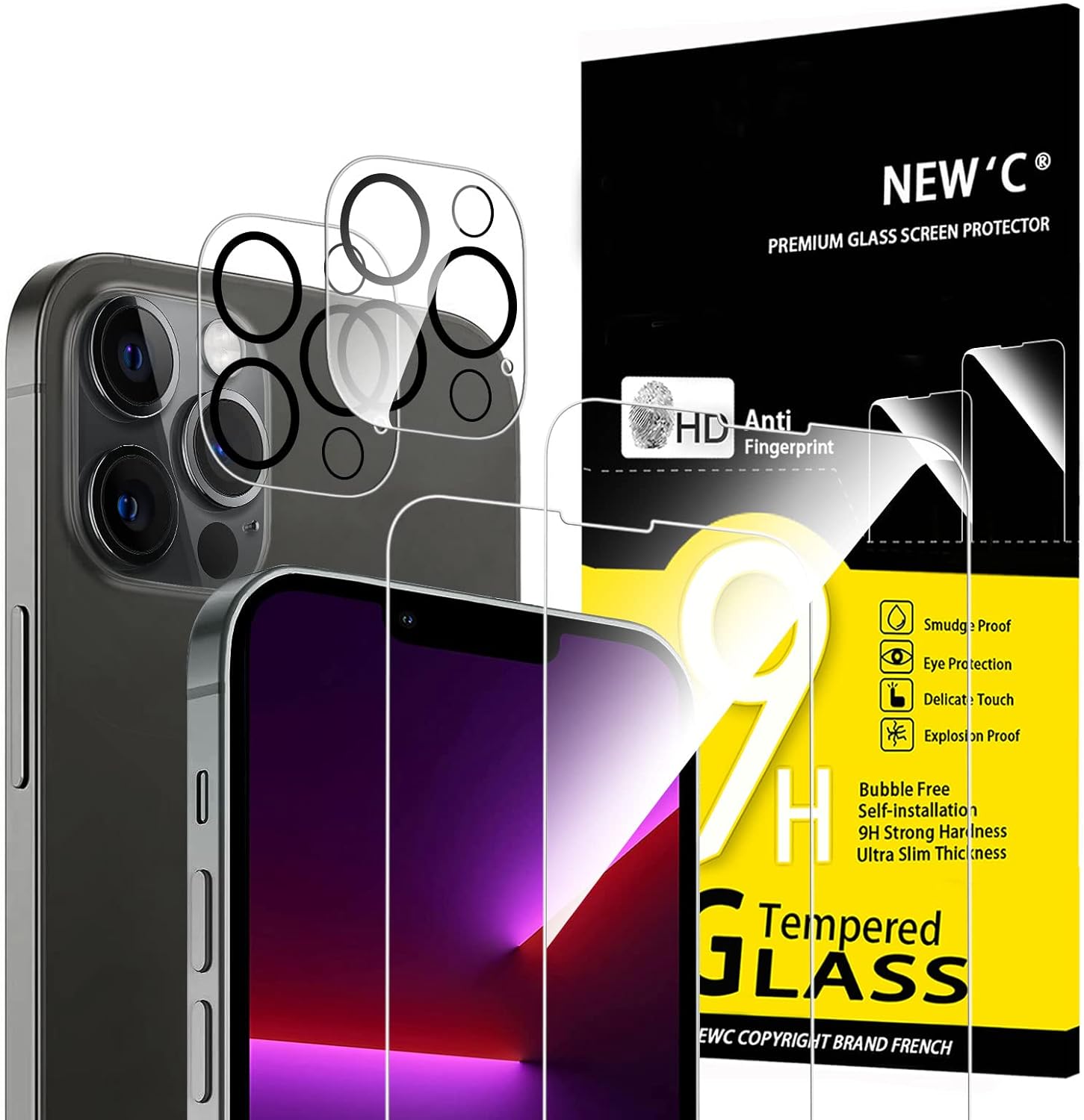 NEW'C 4 Pack, 2 Pack Screen Protector for iPhone 13 Pro + 2 Pack Camera Lens Pro...