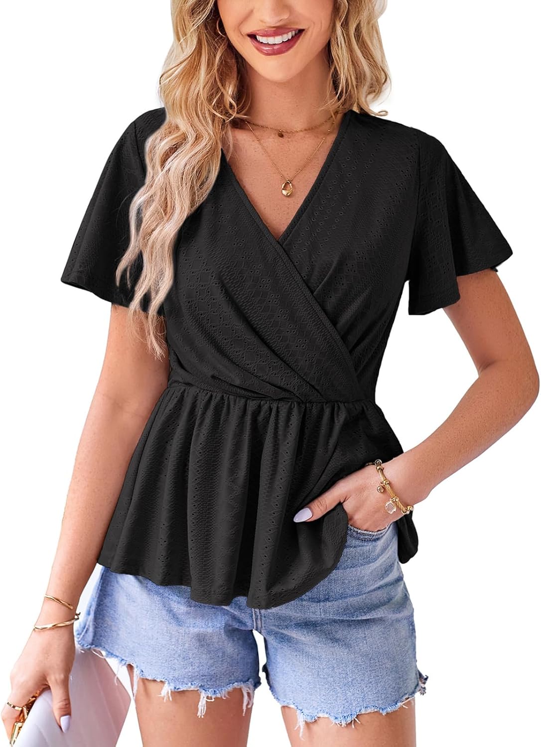 GRACE KARIN 2024 Women's Summer Tops, Special Wrap V Neck Eyelet Top, Innovative...