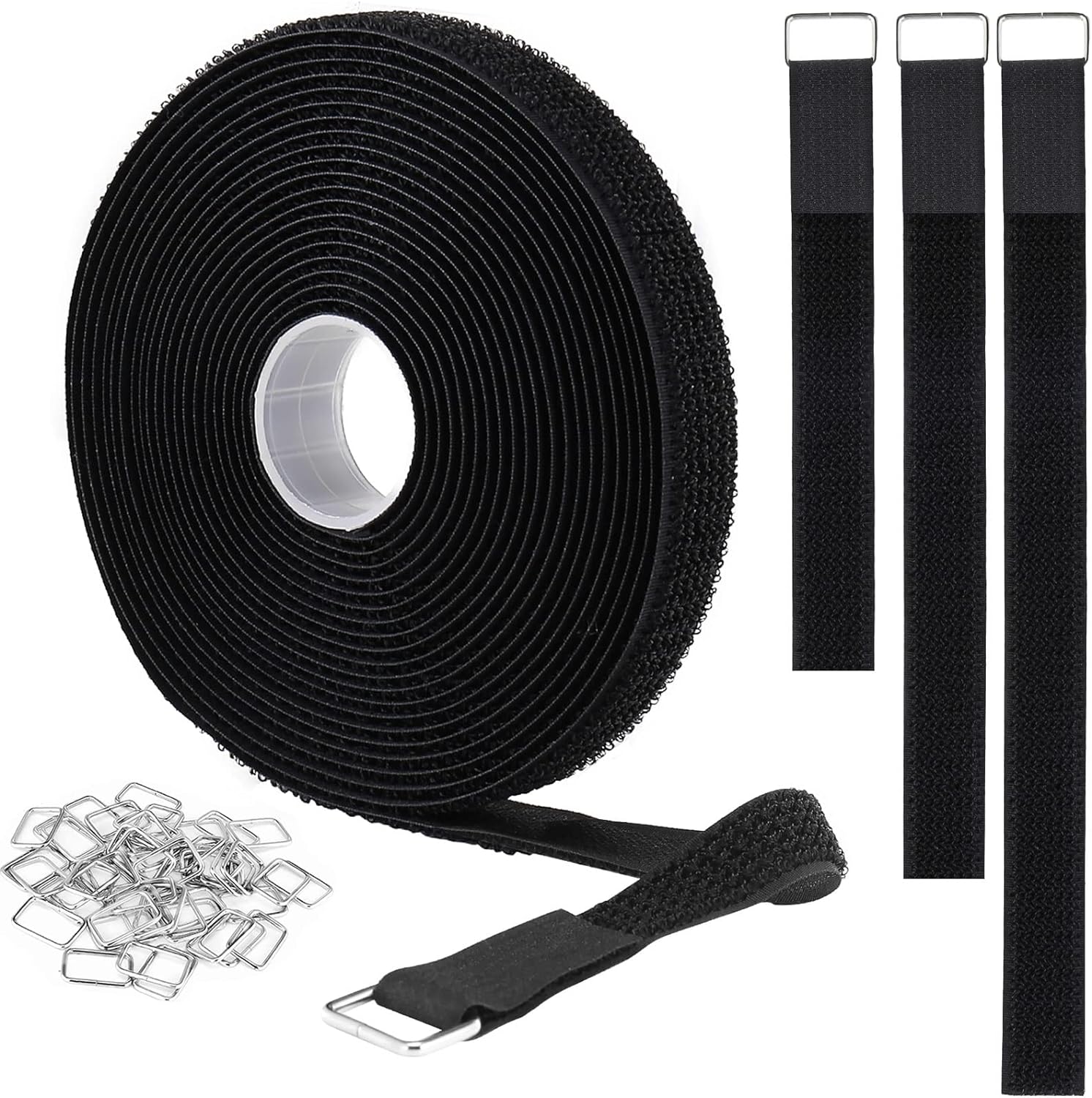 1"x16ft Hook and Loop Straps with 25 Metal Buckles, Adjustable Fastening Cable S...
