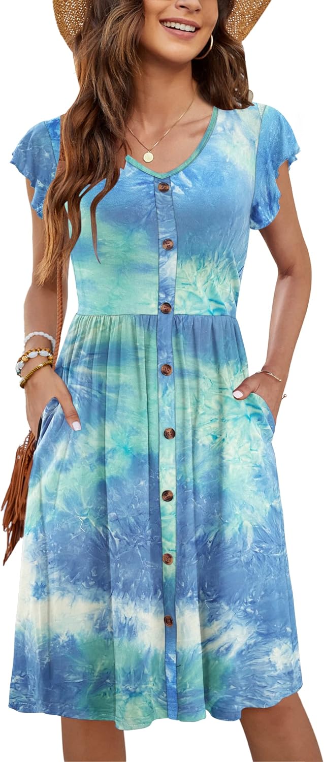 WNEEDU Women Summer Dresses Sleeveless Casual Loose Swing Button Down Midi Dress...