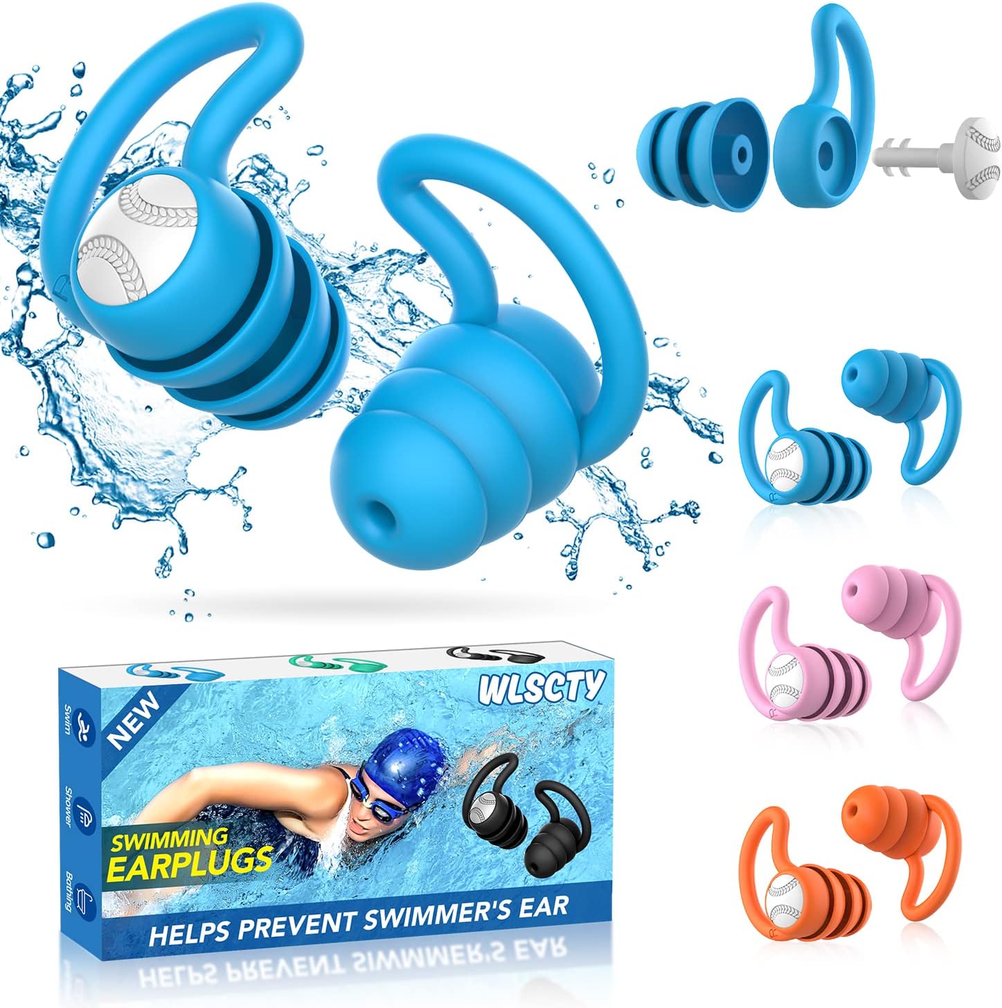 Waterproof Swimming Ear Plugs for Adults - 3 Pairs Silicone Swim Earplugs for Su...