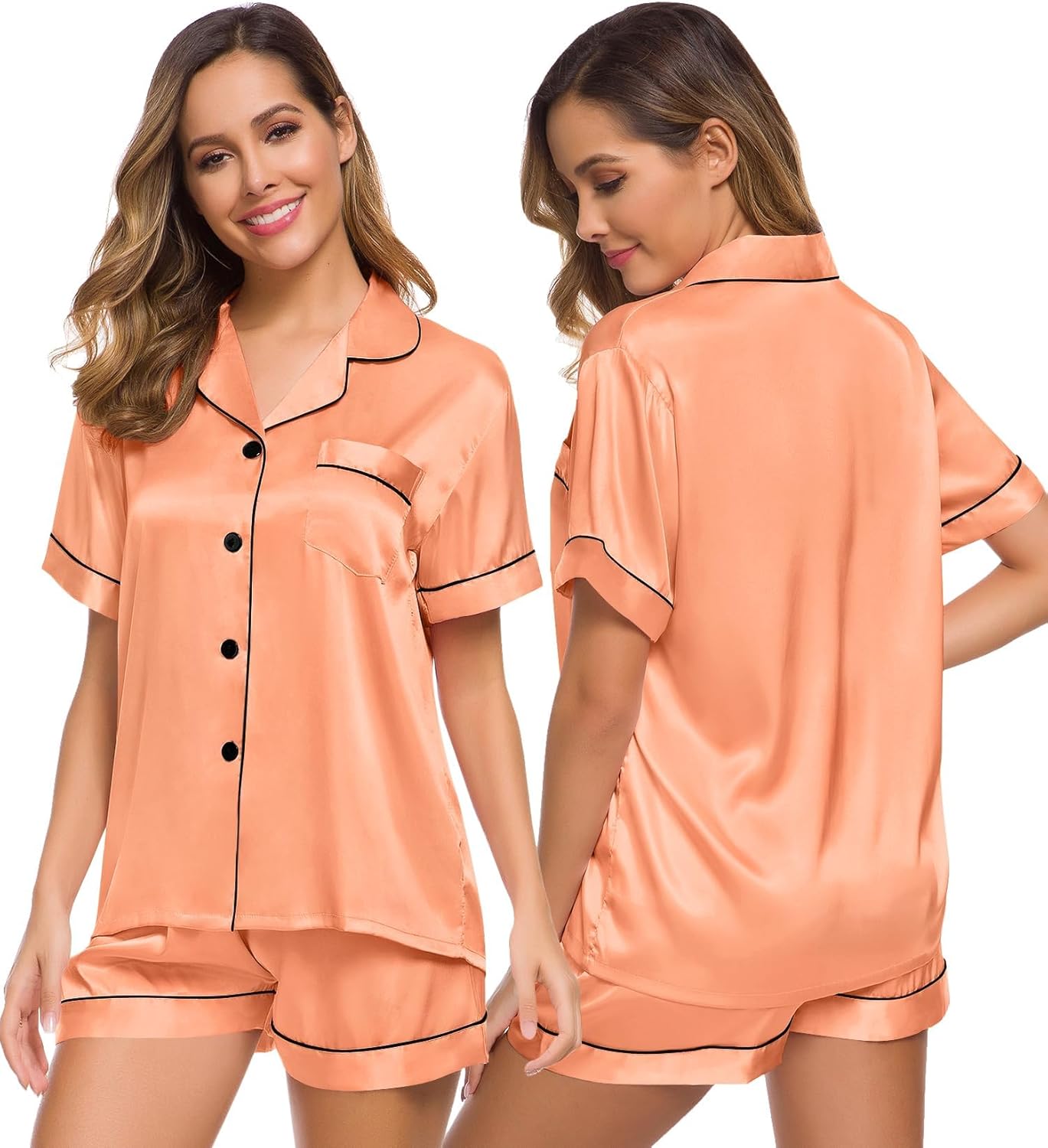 SWOMOG Pyjamas for Women Silk Satin Pyjama Bride Pjs Set Two Piece Pj Sets Butto...