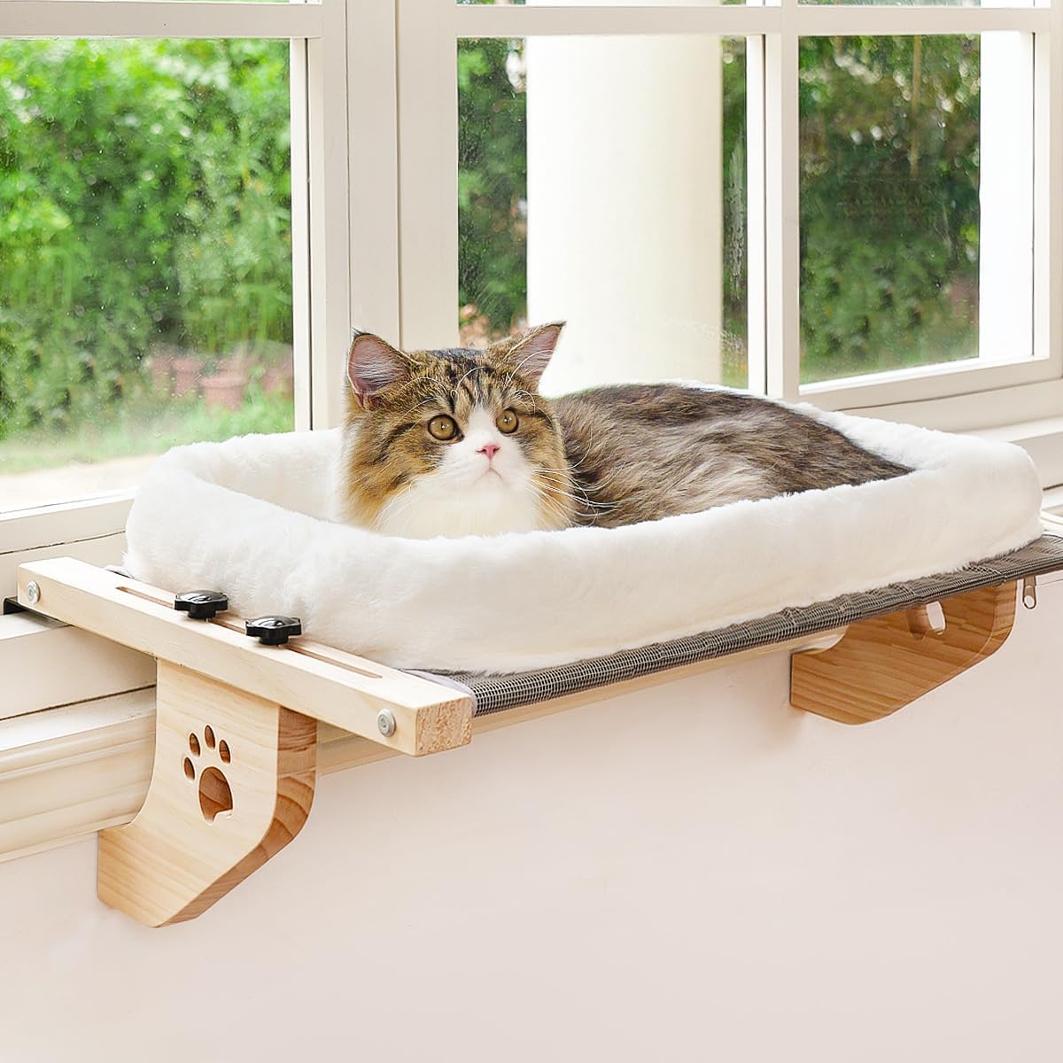 AMOSIJOY Cat Sill Window Perch Sturdy Hammock Seat with Cushion Bed Cover, Wood...