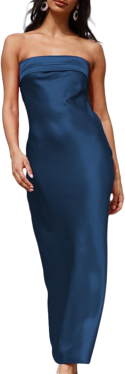 Realtix Satin Silk Backless Tube Tops Maxi Dress for Women Low Back Hollow Out E...