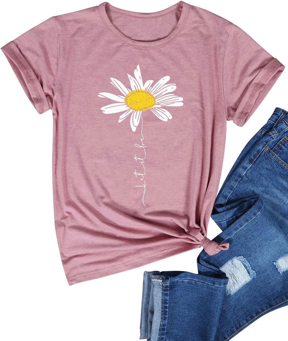 Dresswel Women T Shirt, Special Let It Be T Shirt with Daisy Flower Graphic Prin...