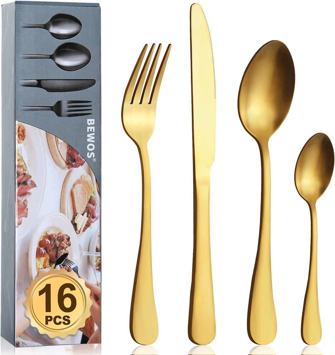 Cutlery Set, BEWOS 16-Piece Stainless Steel Matt Gold Flatware Set, Tableware Si...