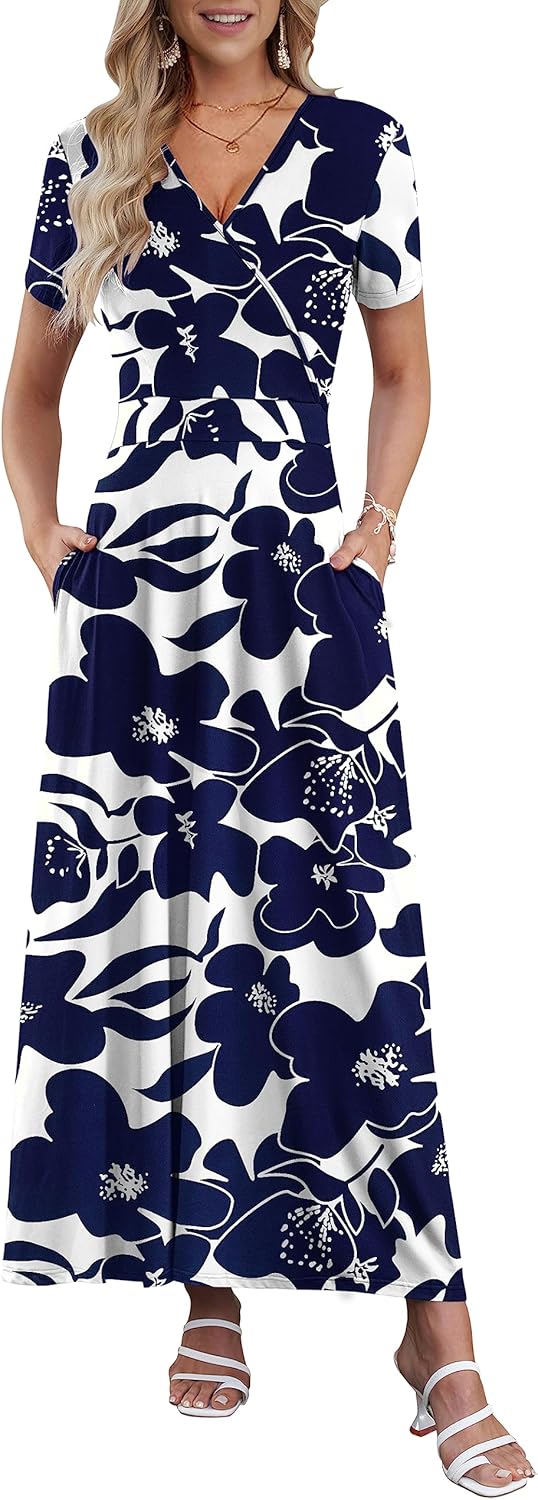 AUSELILY Women's Summer Maxi Dress Short Sleeve Floral Print Bohemian V Neck wit...
