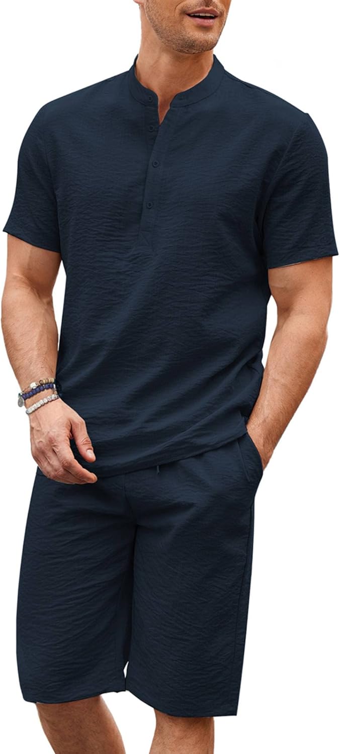 COOFANDY Men's Linen Set, Special 2 Pieces Casual Henley Shirts with Short Sleev...