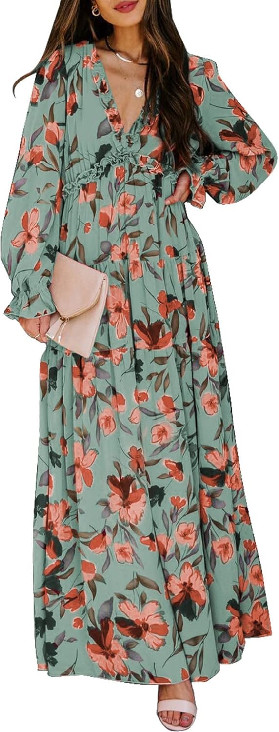 BLENCOT Womens Casual Dress, Unique Floral Deep V Neck Long Sleeve Dress, High-Q...