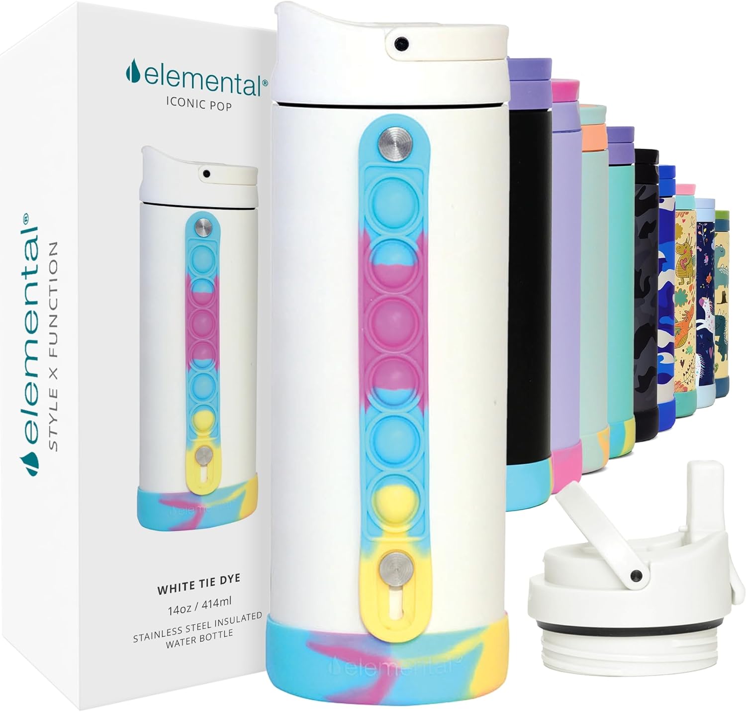 Elemental Iconic Kids Water Bottle, Special Water Bottle with Straw Lid, Innovat...