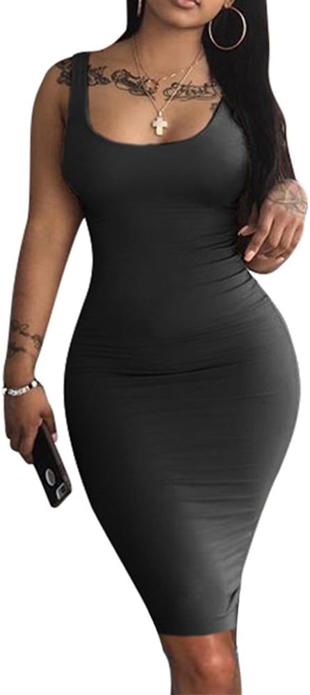 LAGSHIAN Women's Sexy Bodycon Tank Dress Sleeveless Basic Midi Club Dresses XX-L...