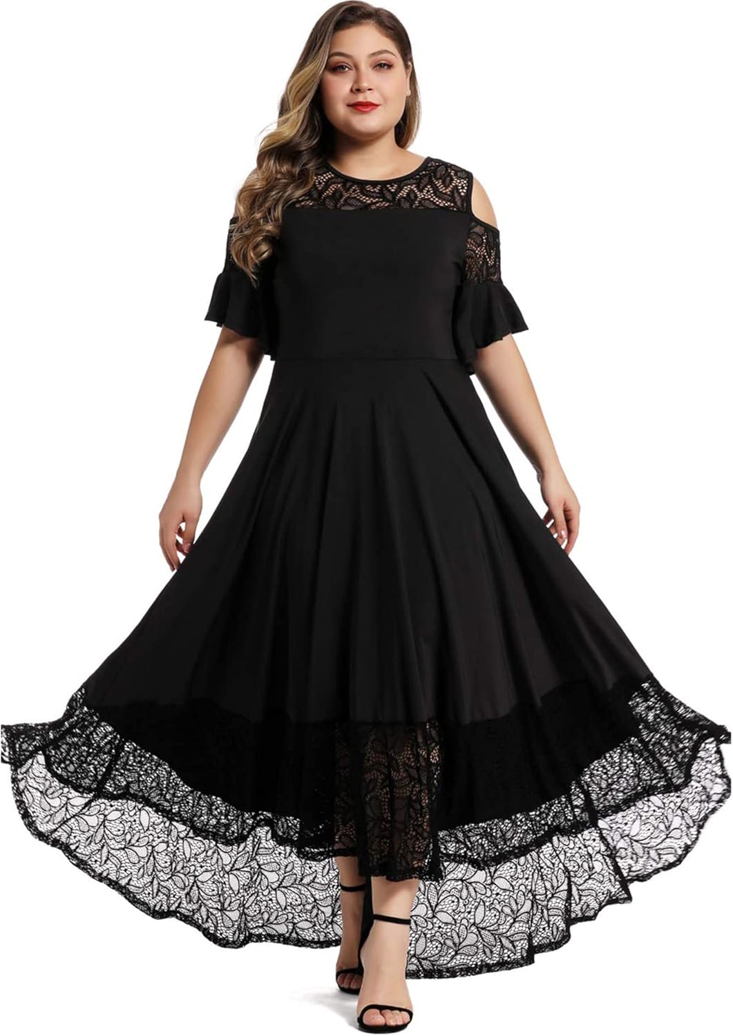 LALAGEN Womens Plus Size Lace Cold Shoulder Casual Long Plain Evening Party Maxi...
