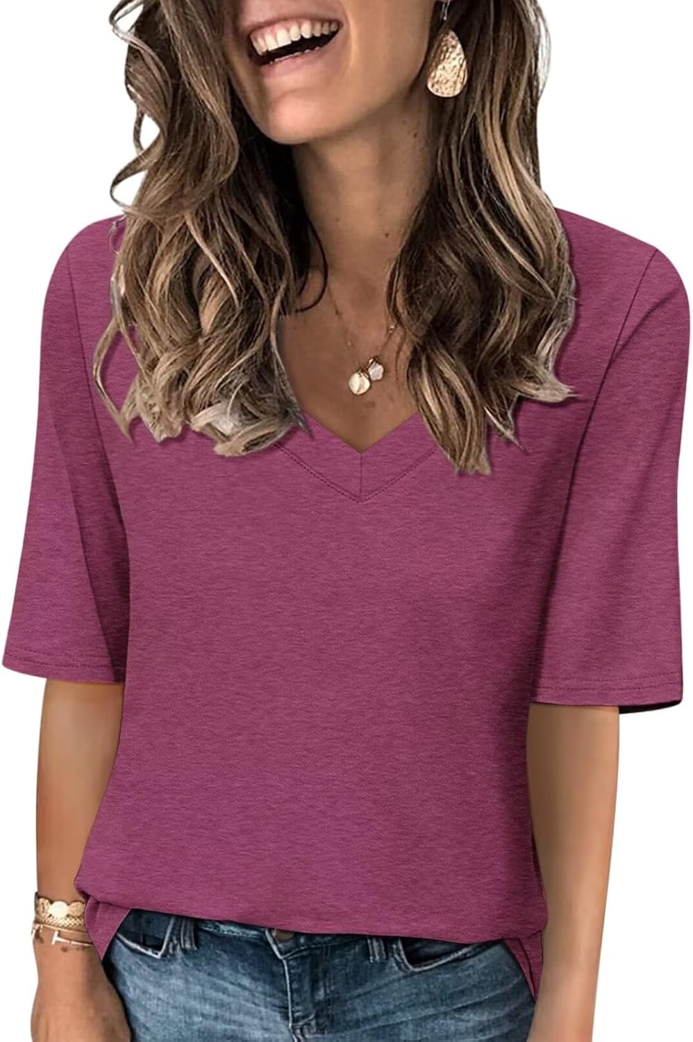 Women's V Neck T Shirts, Special Half Sleeve Tops, Casual Solid Summer Tees, Aff...