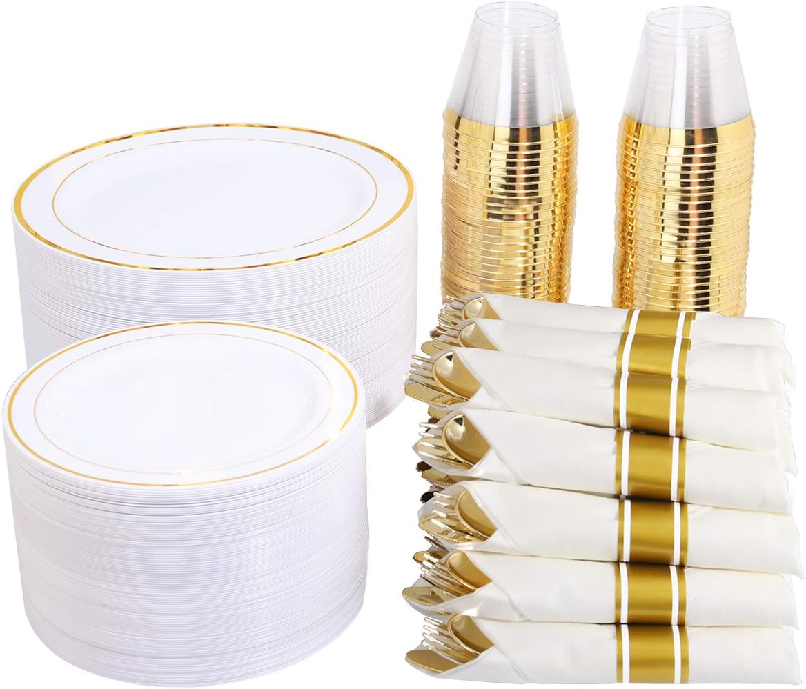 Premium WELLIFE 350 Pieces Gold Plastic Plates, Disposable Party Tableware with...