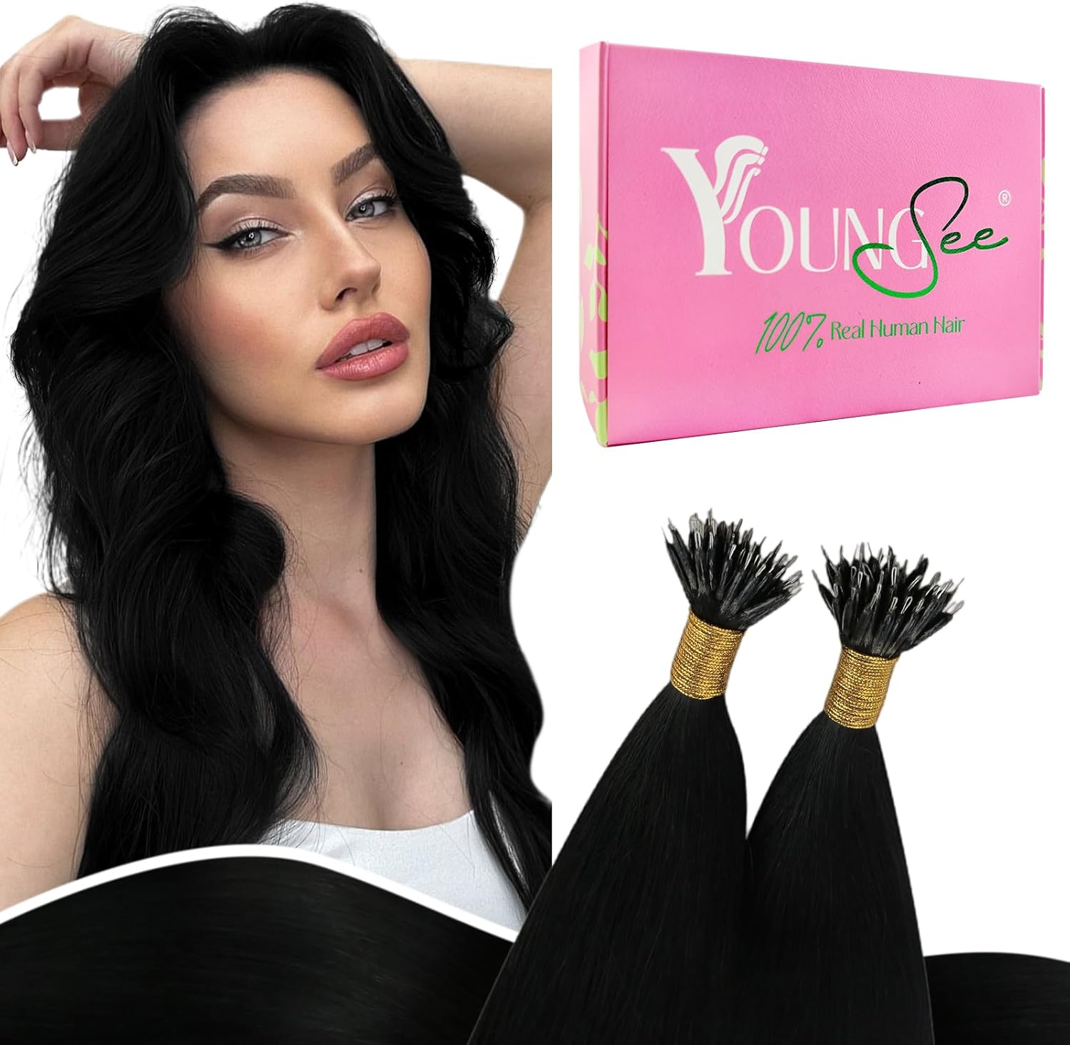 YoungSee Nano Hair Extensions, Special Real Human Hair Extensions with Jet Black...