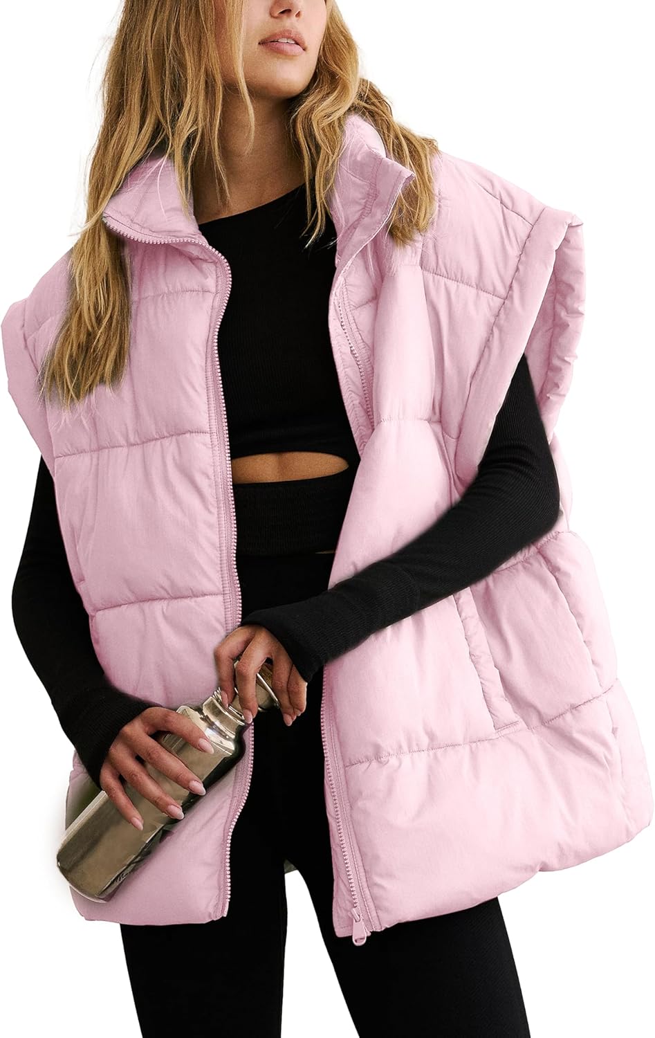 APAFES Women Winter Oversized Puffer Vest Lightweight Stand Collar Flysleeve Ins...