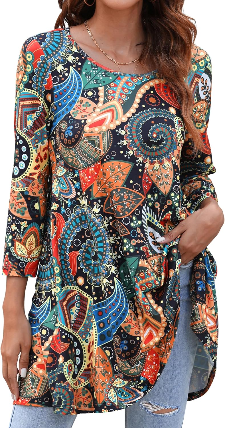 Enmain Womens Casual Tunic Top 3/4 Long Sleeve Longline Blouse Ladies Swing Tuni...