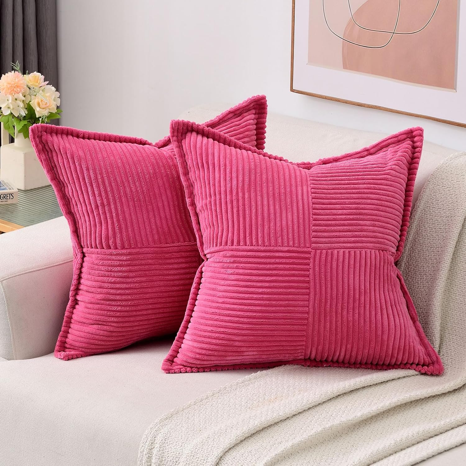 HAUSSY Hot Pink Throw Pillow Covers 20x20 Inch Set of 2,Soft Solid Corduroy Stri...