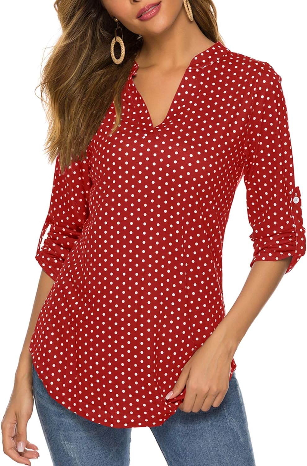 Halife Women's Roll Up 3/4 Sleeve Floral Print V Neck Tunic, Stylish Women's Blo...