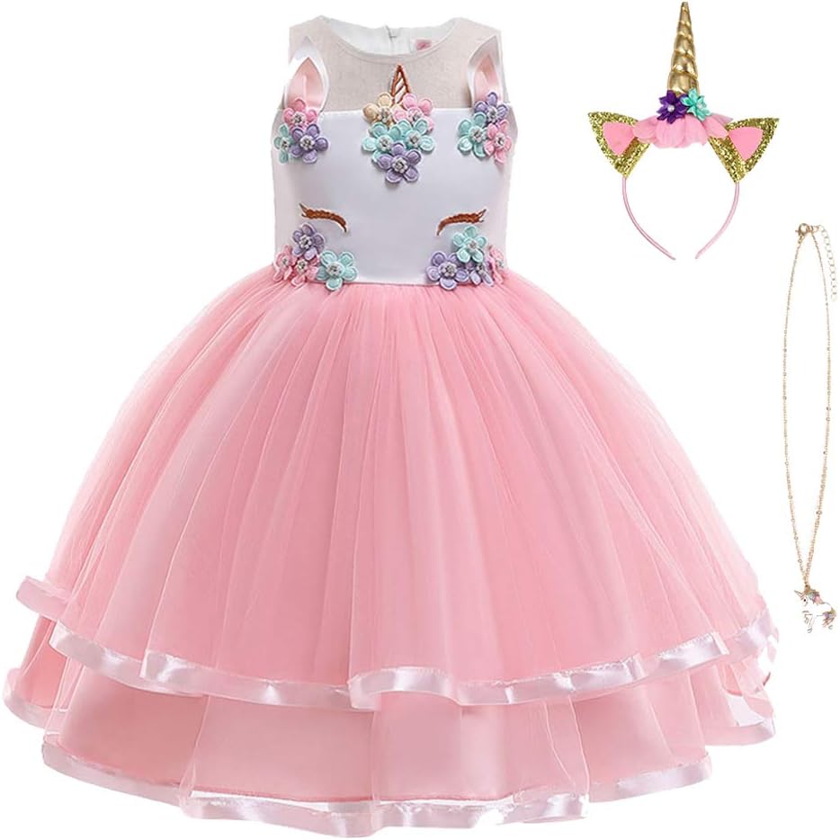 URAQT Unicorn Costume, Princess Unicorn Dress Fancy Dress with Necklace, Headban...