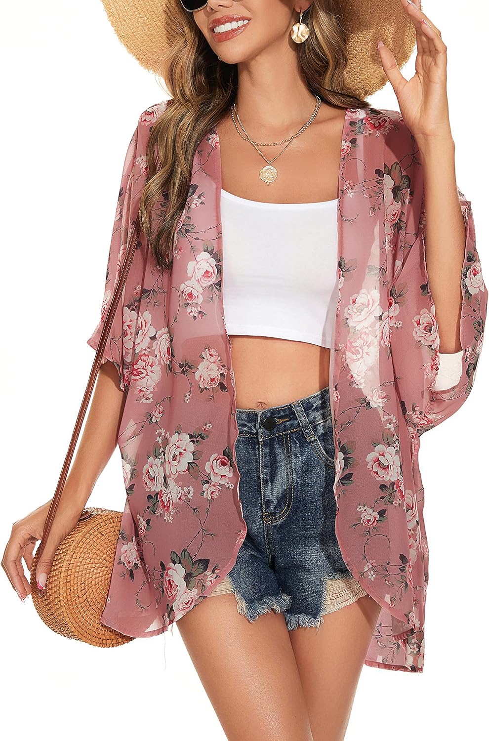 Womens Kimono Beach Cover Up Chiffon Cardigan Floral Tops Loose Capes Medium Pin...