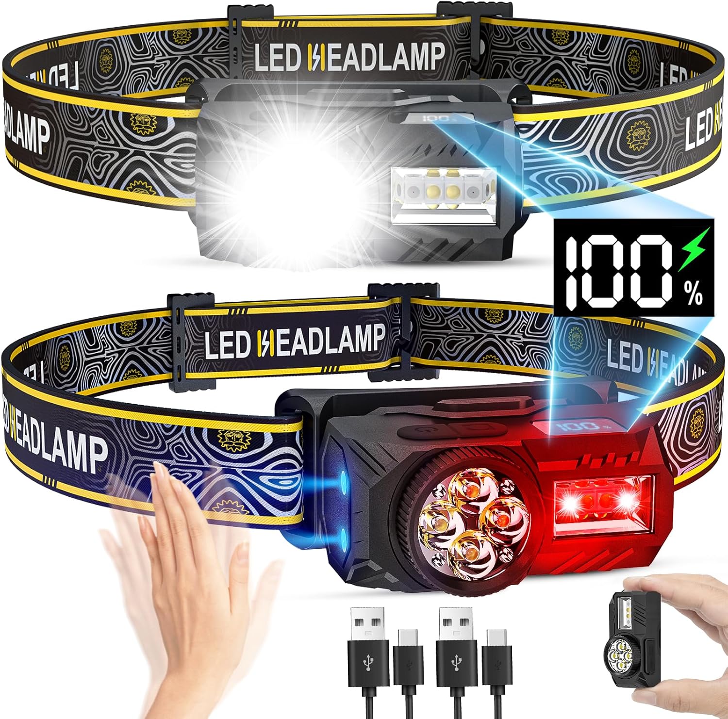 LED Head Torch Rechargeable, 【2 Pack】Super Bright 2000LM Headtorch with Red Li...
