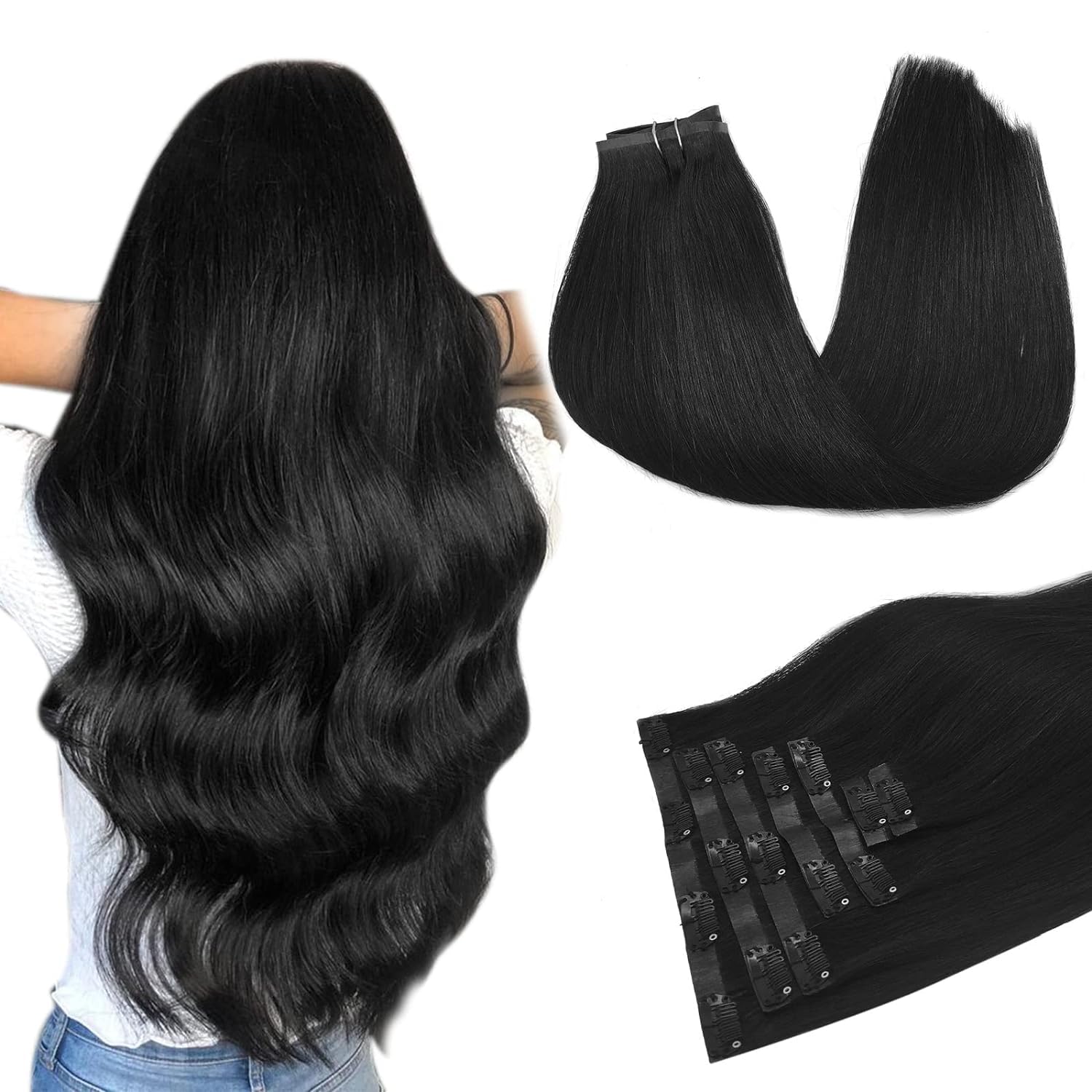 DOORES Hair Extensions Real Human Hair, Jet Black 160g 7pcs 24 Inch, Hair Extens...