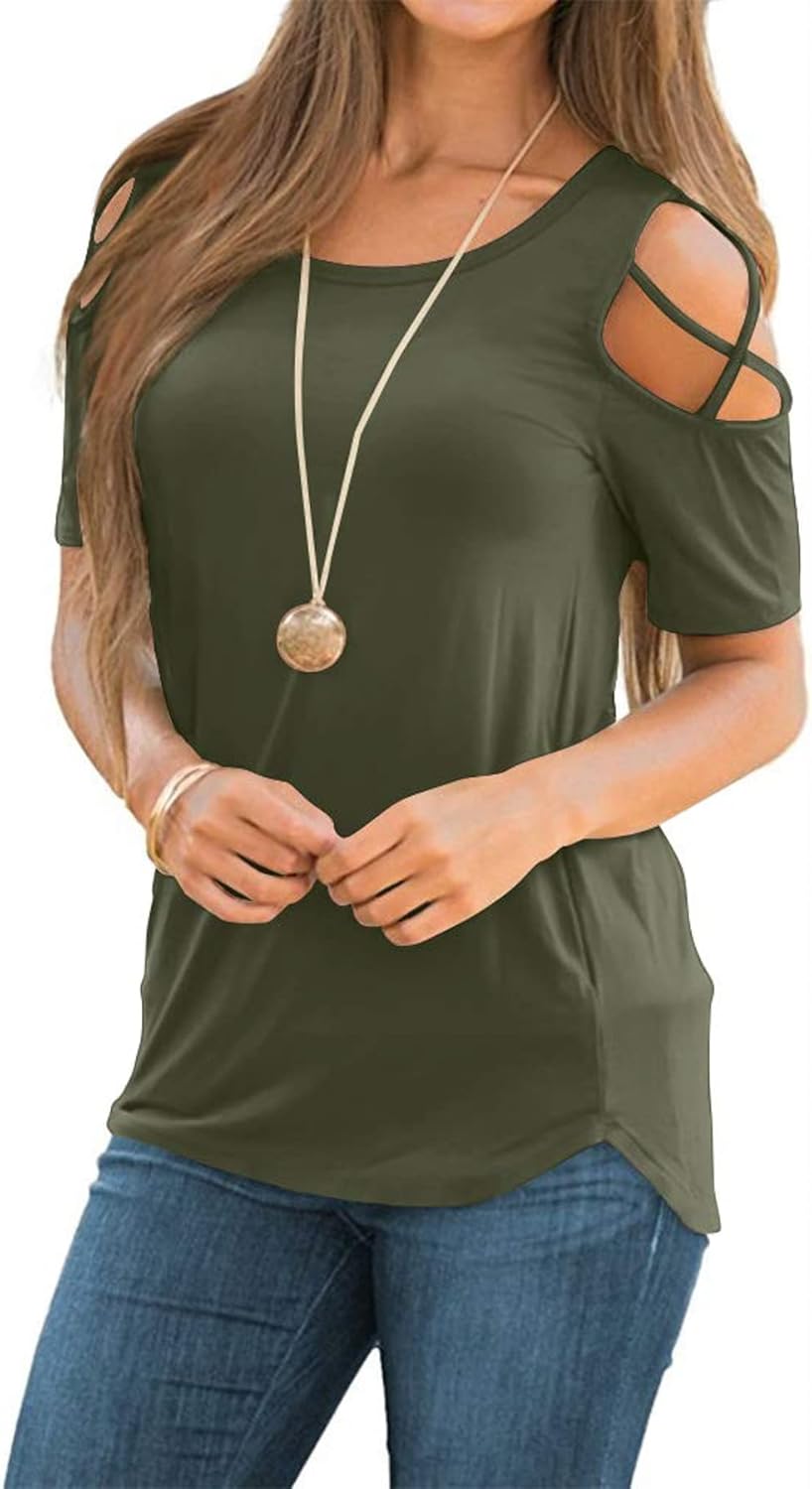 NILOUFO Womens Summer T Shirts Short Sleeve Tunic Strappy Cold Shoulder Tops 02-...