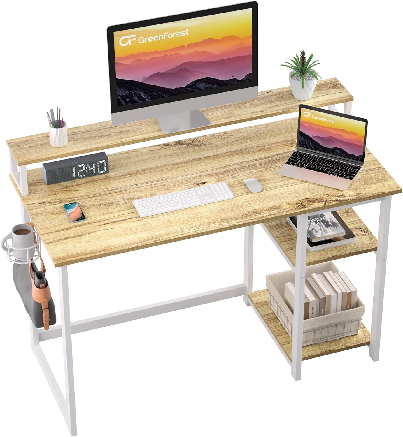 GreenForest Computer Desk with Full Monitor Stand and Reversible Storage Shelves...