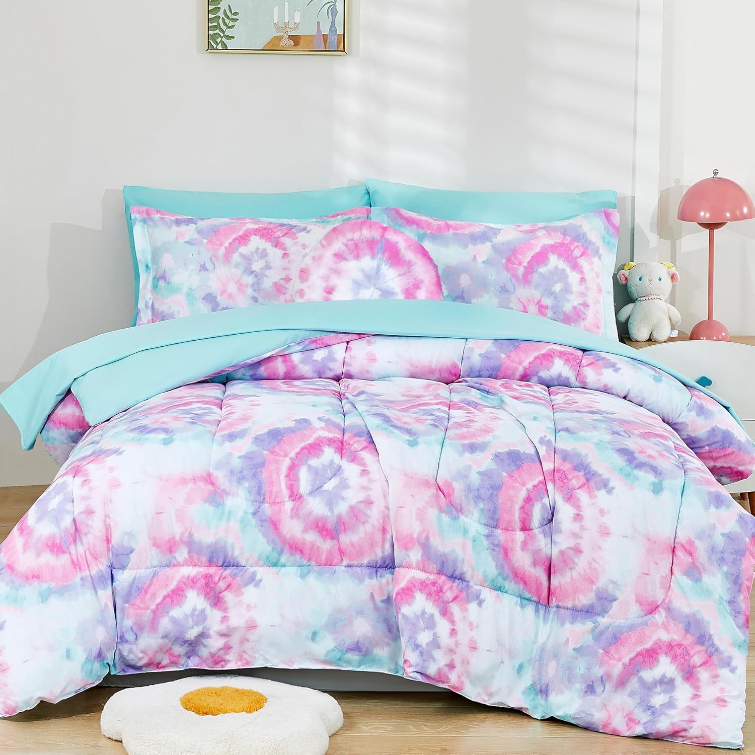 Mooreeke Tie Dye Kids Comforter Bed Set Twin Size for Girls, 6 Pieces Bed in a B...
