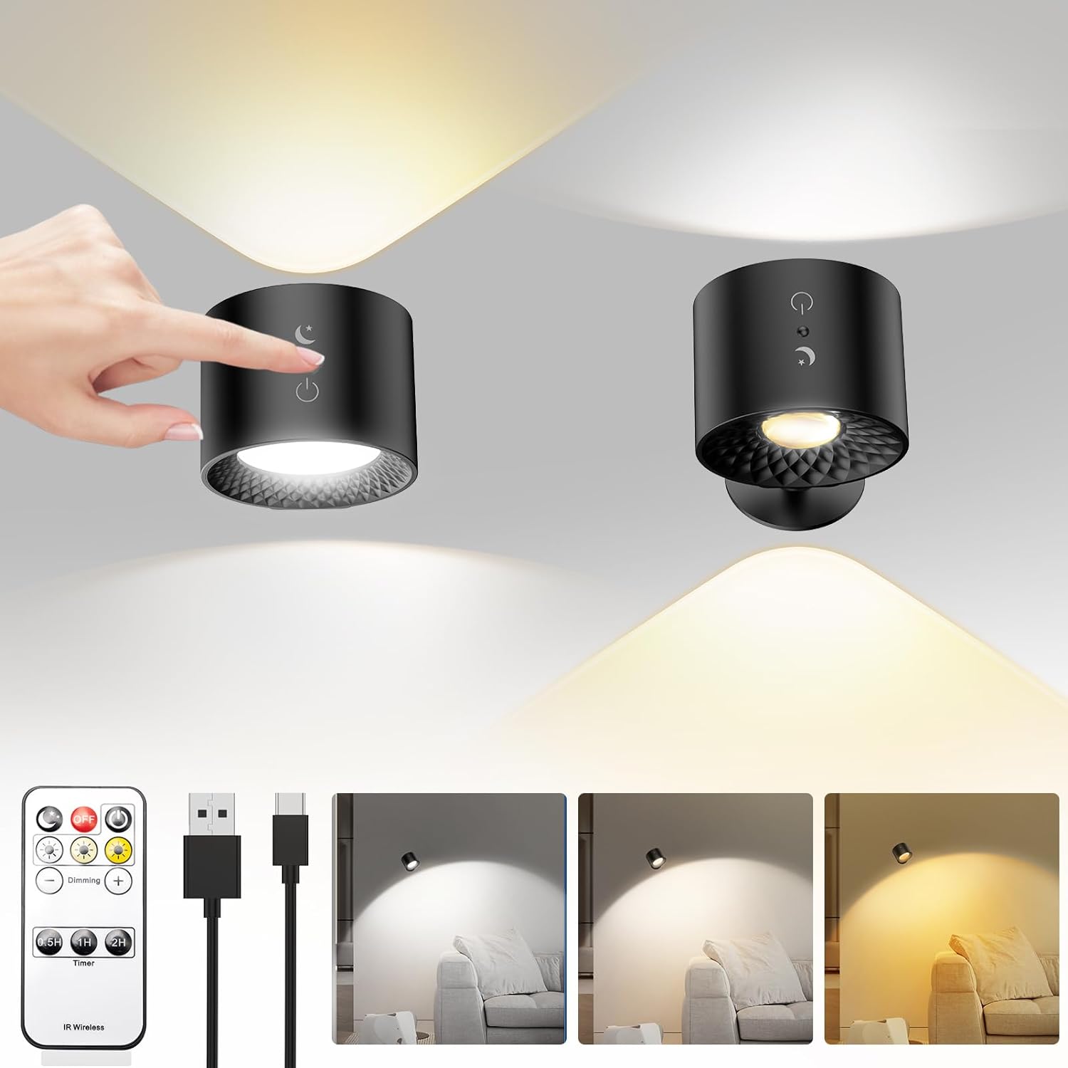 LED Wall Mounted Lights, 2Pcs Wall Sconce with Remote, No-Screw Mounted Recharge...