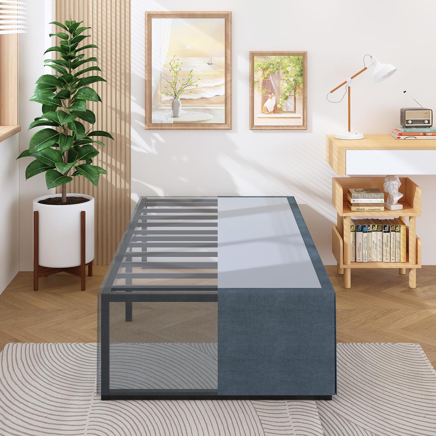 18 Inch Twin XL Bed Frames with Fabric Bed Cover, Heavy Duty Sturdy Metal XL Twi...