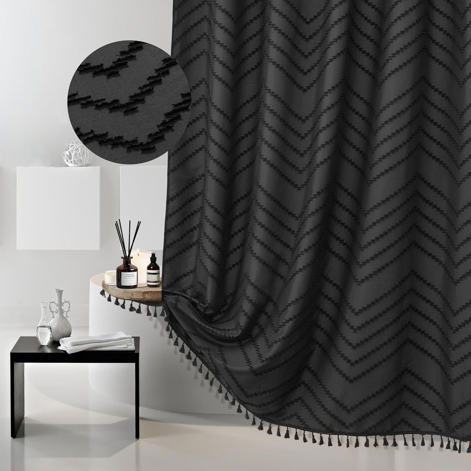 Boho Shower Curtain Black Tassel Woven Fabric Shower Curtain 72 x 72 Modern Farm...
