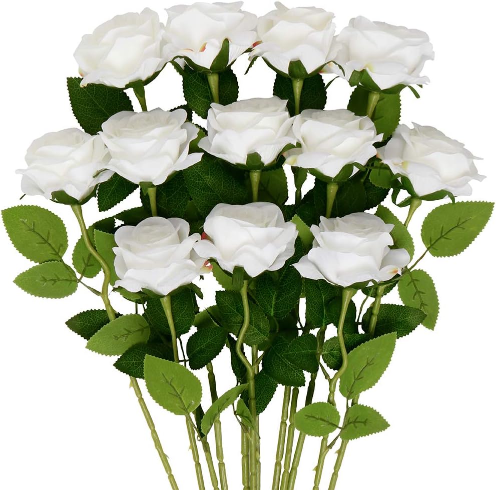 Mocoosy 12 PCS Rose Artificial Flowers, Special White Silk Roses with Stems, Hig...