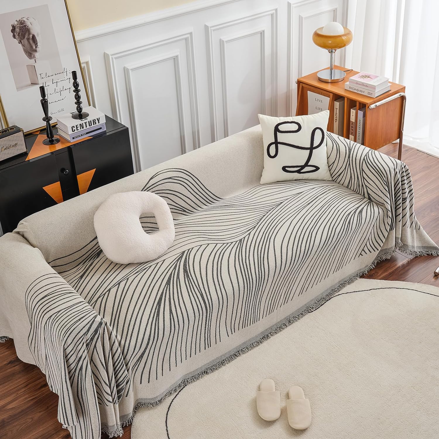HANDONTIME Chenille Sofa Covers Simple Striped Dog Couch Cover Beige Grey Sofa C...