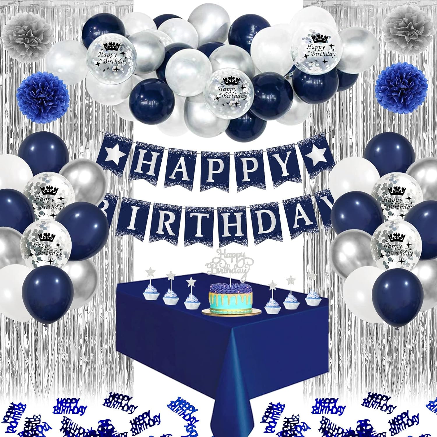 Birthday Decorations, Unique Navy Blue Silver White Balloon Kit, Special Confett...
