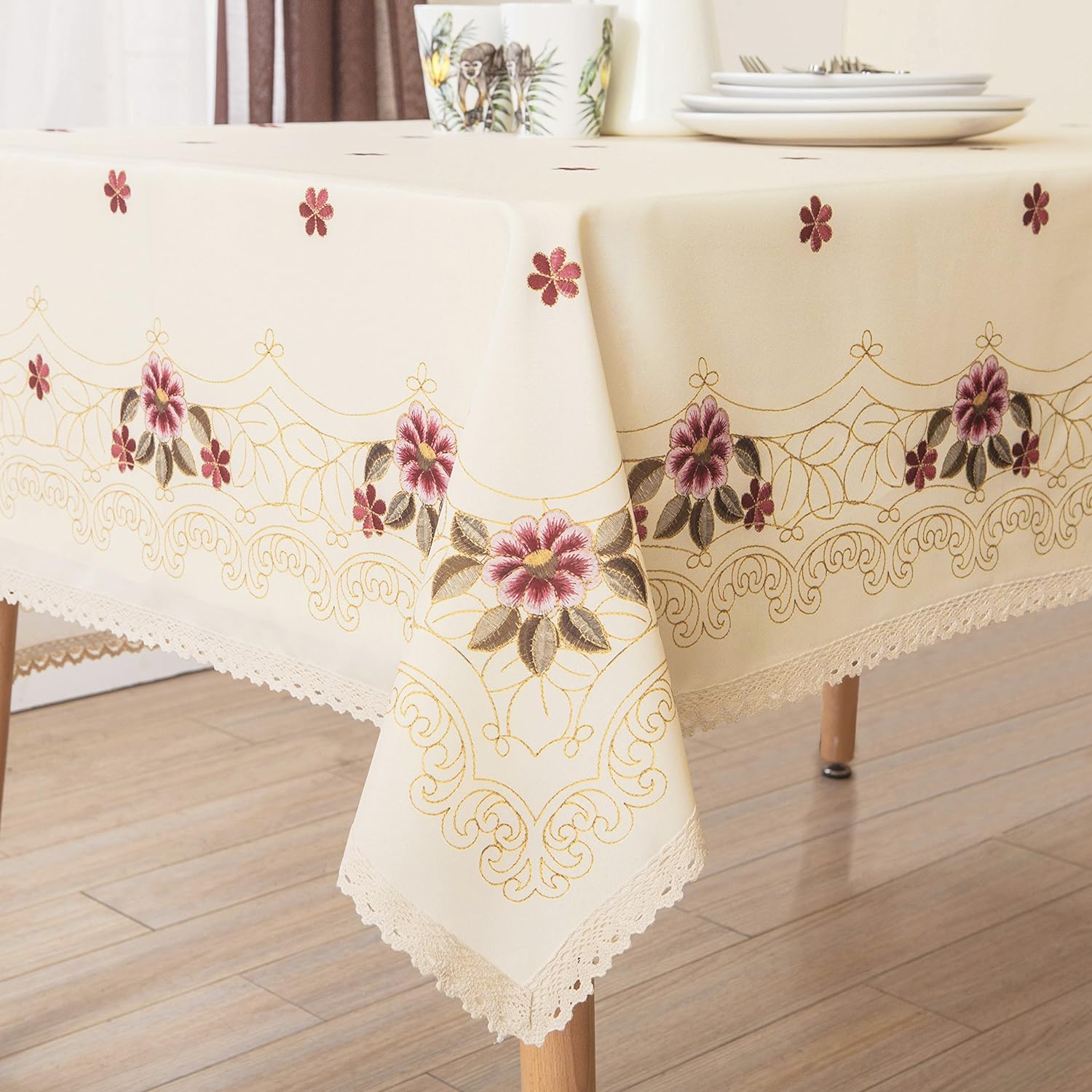 Wewoch Decorative Tablecloth, Special Red Floral Print Lace Water Resistant Tabl...
