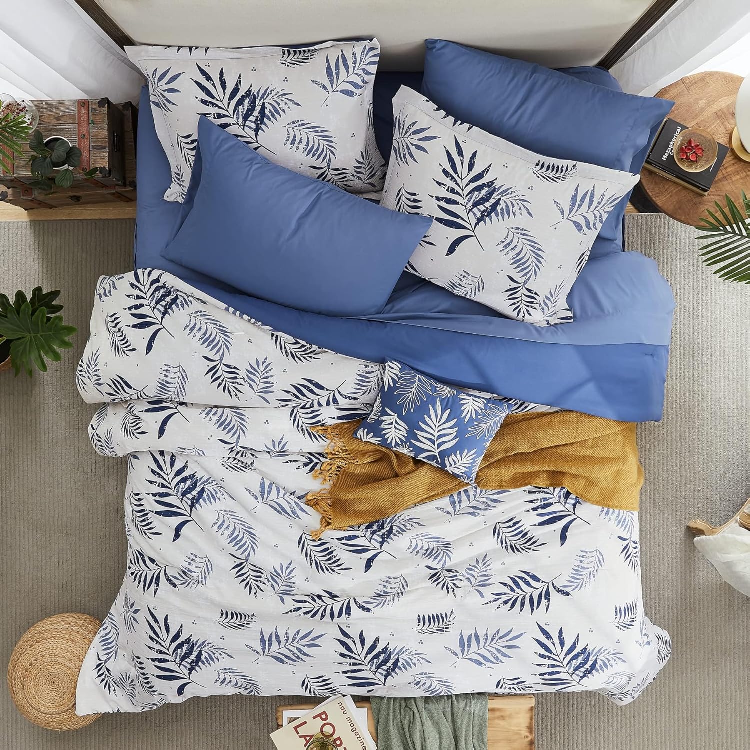 MaiRêve Full Comforter Set, Textured Design Blue Leaves Printed Comforter Full S...