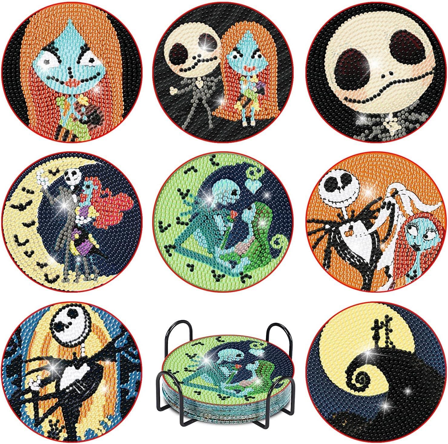 8 Pcs Halloween Diamond Paintings Coasters Kits with Holder, DIY Jack and Sally...
