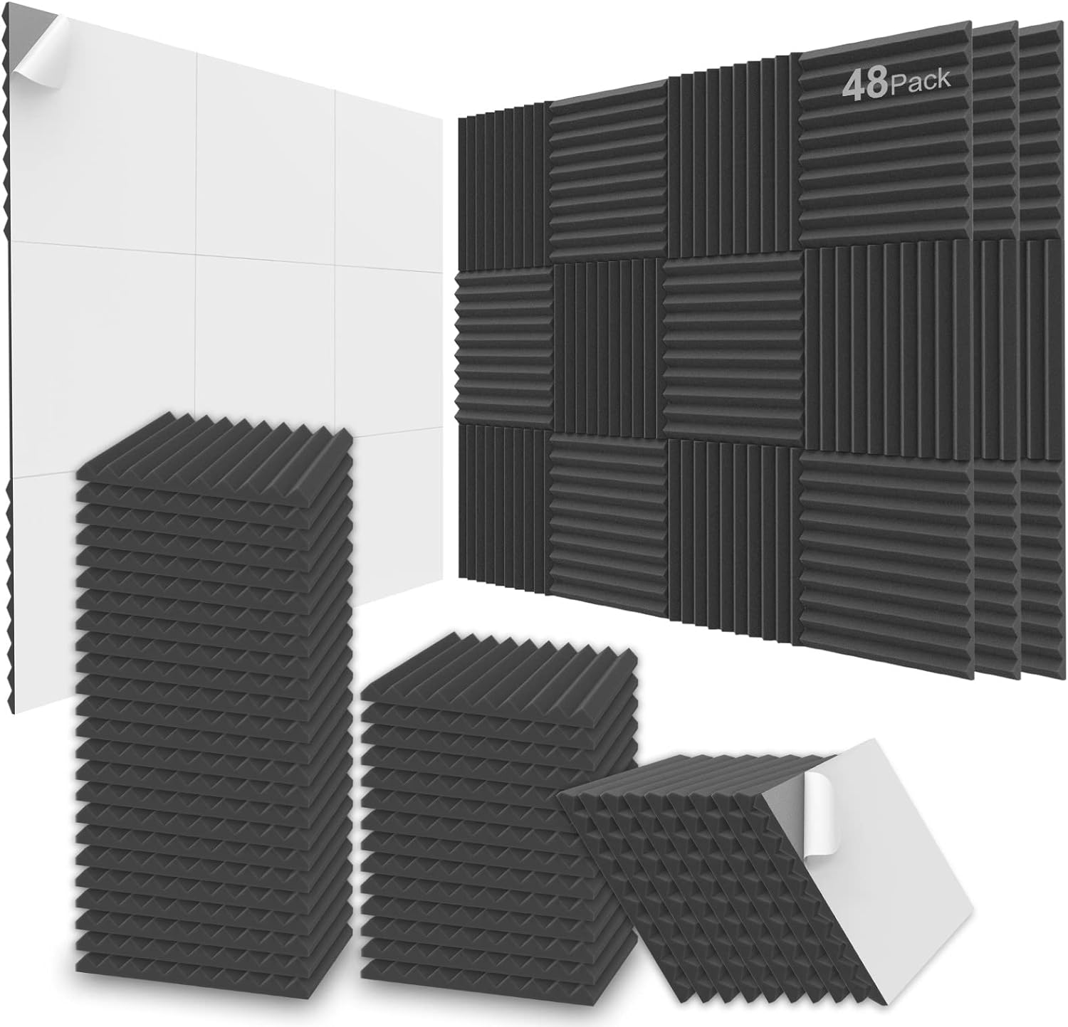 JBER 48 Pack Sound Proof Acoustic Foam Panels, 30×30×2.5 cm Self-Adhesive Acoust...