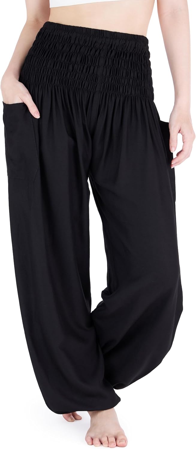 Lannaclothesdesign Women's Pants, Special Smocked Waist Boho Flowy Yoga Pants, I...