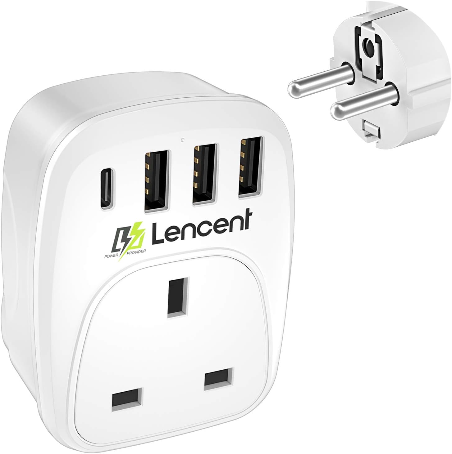 LENCENT UK to European Travel Adapter with 3 USB Ports and 1 Type C, Grounded EU...