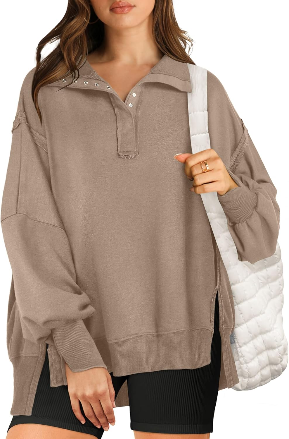 RUBZOOF Oversized Sweatshirt for Women Trendy Button Henley Neck Pullover Long S...