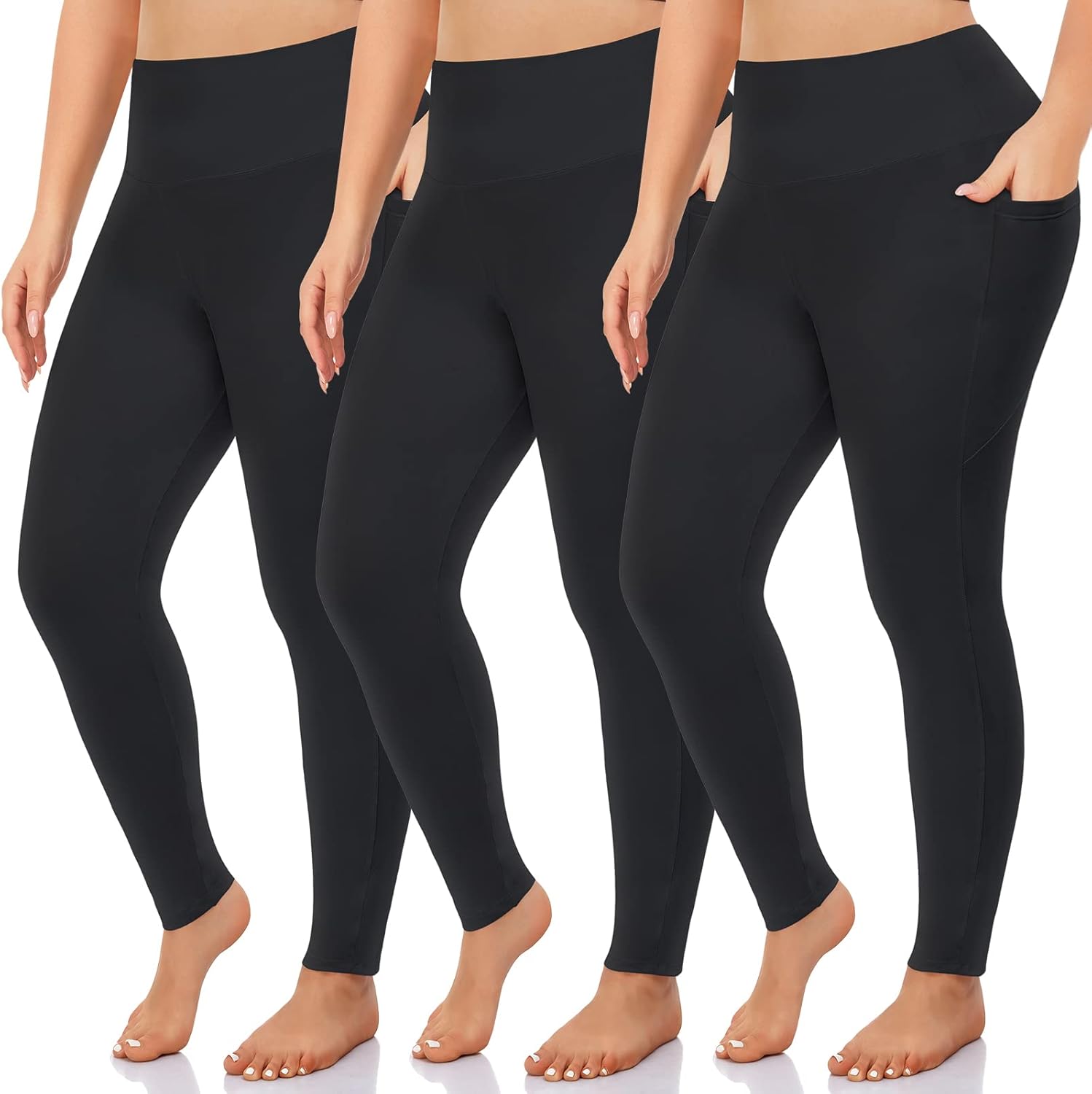 NEW YOUNG 3 Pack Plus Size Leggings with Pockets for Women,High Waist Tummy Cont...