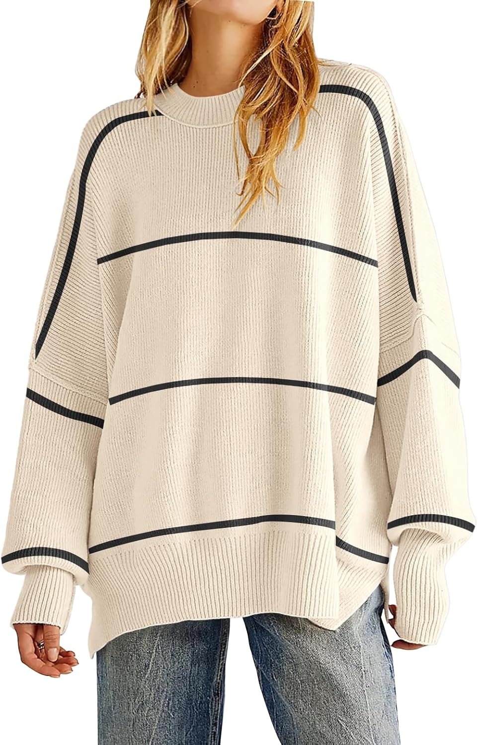 Women's Oversized Crewneck Sweaters, Special Batwing Long Sleeve Sweater with Si...