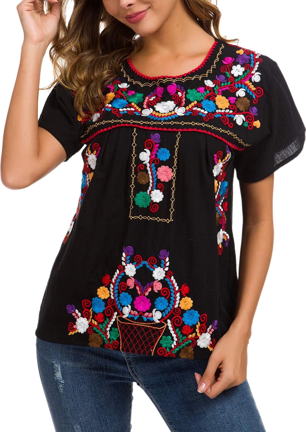 YZXDORWJ Women's Embroidered Mexican Peasant Blouse Mexico Summer Shirt Short Sl...