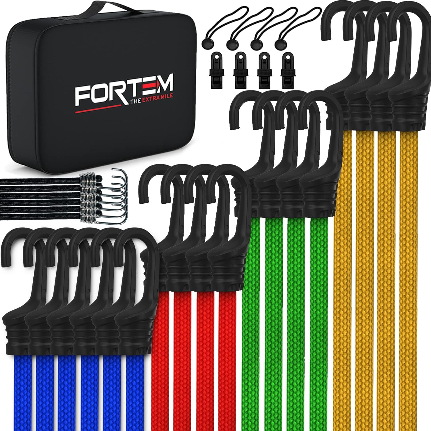 FORTEM Bungee Cords with Hooks, 32pc Bungie Cords Multi Pack, Canopy Ties, Tarp...