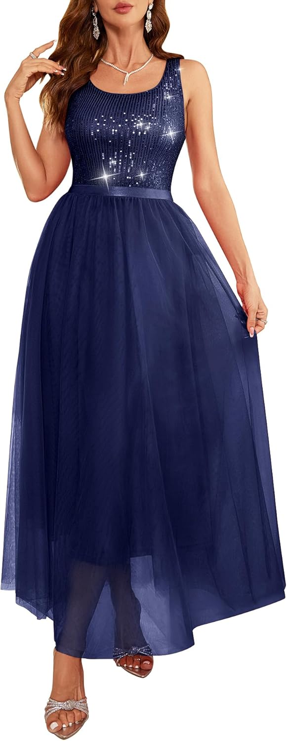 BeryLove Sequin Dress for Woman Vintage A Line Wedding Formal Swing Mesh Dress S...